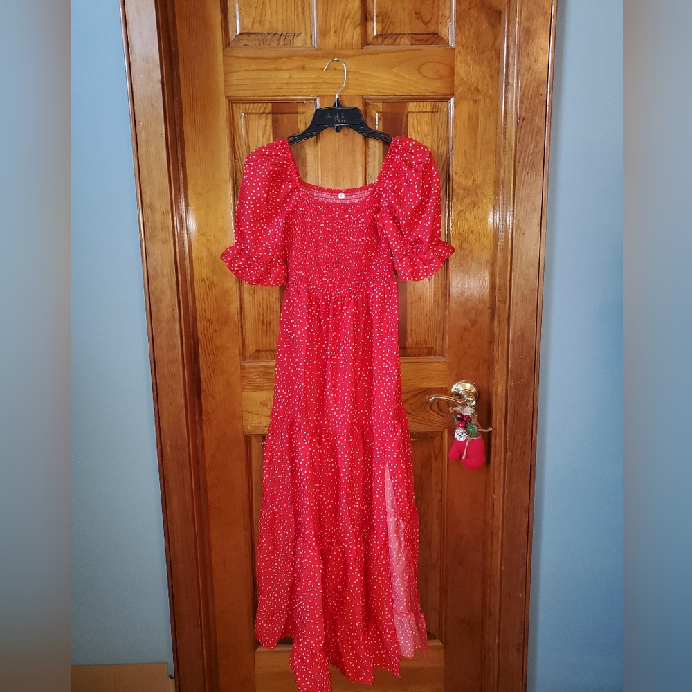 Red ditsy floral maxi dress